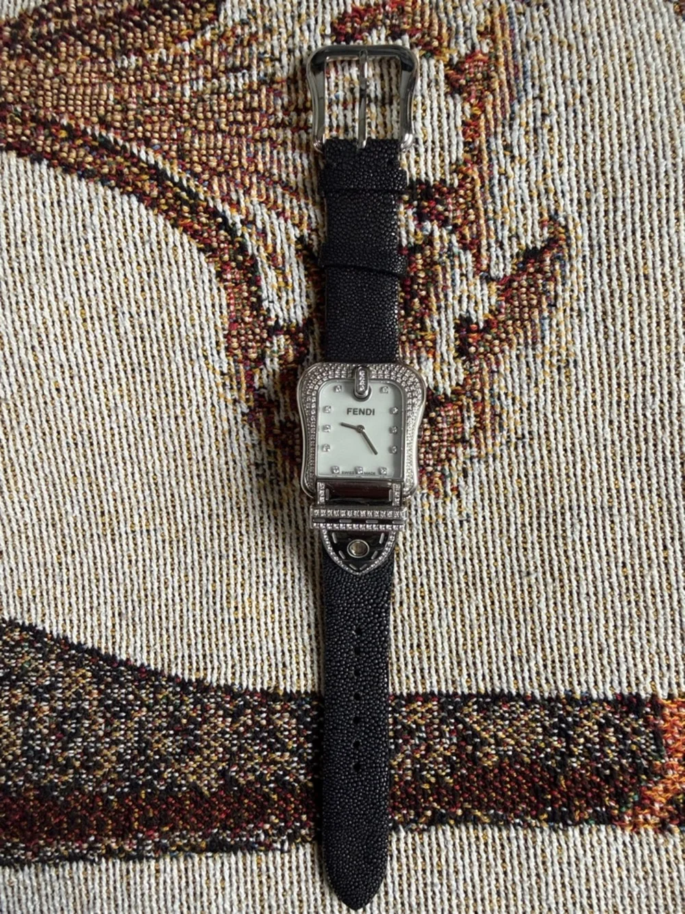 Fendi Black Diamond-Trim Mother-of-Pearl Dial Watch